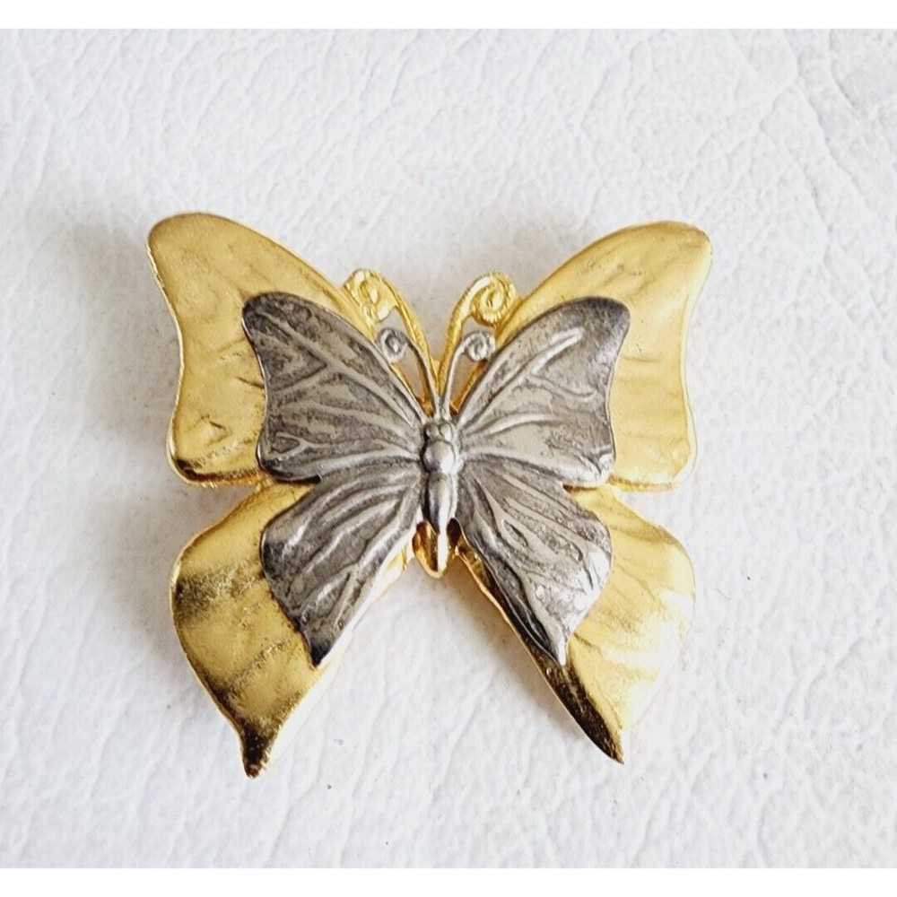 Vintage Premier Designs Gold and Silver Tone Double Butterfly Brooch Metal Pin